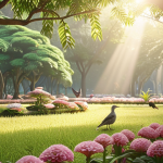 ** A serene park scene in Thailand with blooming flowers, birds, and soft sunlight. Focus on tranquility and peace.
2.  **