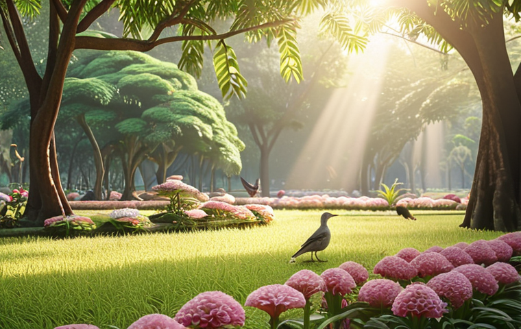 ** A serene park scene in Thailand with blooming flowers, birds, and soft sunlight. Focus on tranquility and peace.
2.  **